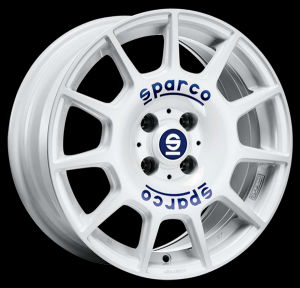 Llanta SPARCO TERRA 7.5 x17" (5x100) ET48 BLANCO RACING + LETRAS AZULES